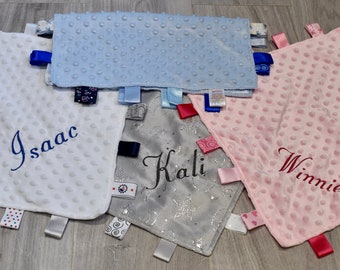 Personalised Baby Taggie Taggy Comforter Blanket Soft Satin Boy Girl Newborn Gift Baby Shower Blue Pink Grey White