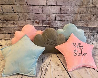 Cojines personalizados para habitación infantil con diseño de estrellas y nubes - Azul - Rosa - Gris