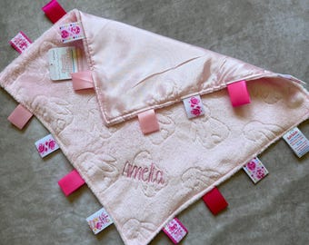 Manta de apego personalizada Baby Taggie Taggy, suave, de satén, para niño o niña, regalo para recién nacido, baby shower, conejo.