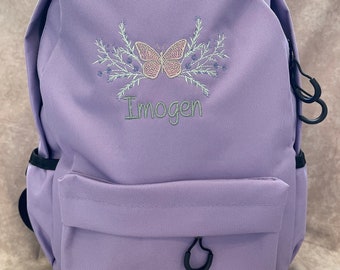 Mochila infantil personalizada con diseño de mariposas y flores, ideal para el colegio, la guardería o la guardería, con bordados.