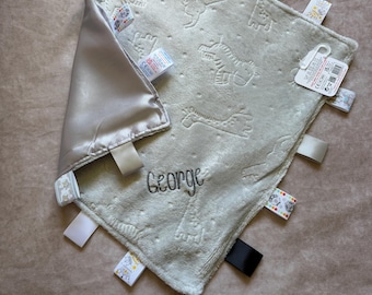 Manta de apego personalizada Baby Taggie Taggy, suave, de satén, para niño o niña, regalo para recién nacido, baby shower, animales.