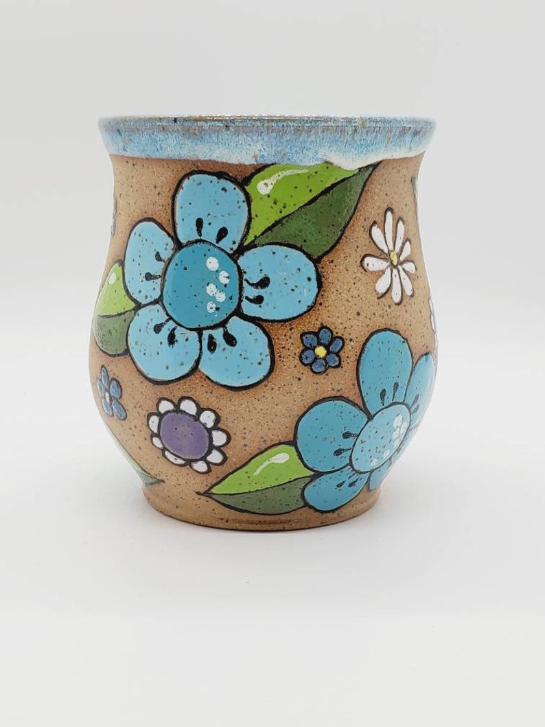Retro floral flower mug Handmade hand painted stoneware mug Etsy