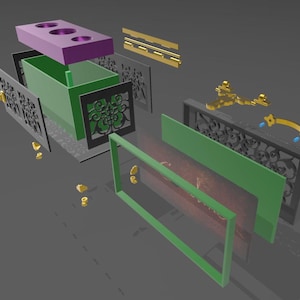 May include: An exploded view of a green and purple box with decorative black panels and gold hardware. The box has a rectangular shape with a lid that has three circular holes. The panels feature an ornate, swirling design.