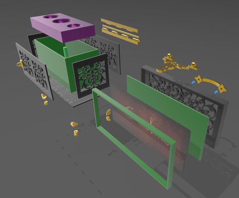 May include: An exploded view of a green and purple box with decorative black panels and gold hardware. The box has a rectangular shape with a lid that has three circular holes. The panels feature an ornate, swirling design.