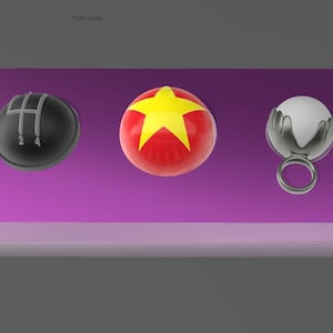May include: Three spherical objects on a purple surface. The objects include a black sphere with a white gear shift pattern, a red sphere with a yellow star, and a silver sphere with a ring.
