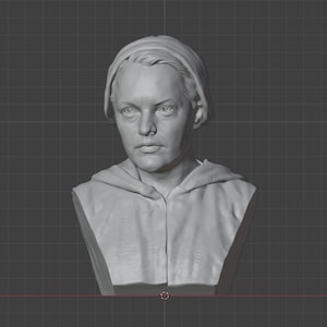 May include: A monochromatic 3D digital sculpture of a person's head and shoulders, featuring a smooth, light gray finish. The figure wears a simple head covering and a collared garment, rendered with realistic facial features and soft lighting.