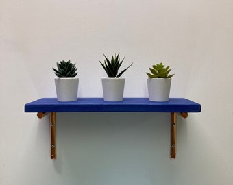 Tardis Blue Shelf with Copper Brackets - Handmade Industrial Style Decor Shelving Home Metal Brackets Kitchen Plant Wall Pipe