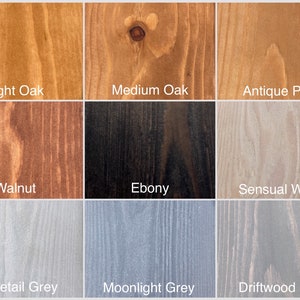 May include: Nine wood stain color samples, including Light Oak, Medium Oak, Antique Pine, Walnut, Ebony, Sensual White, Dovetail Grey, Moonlight Grey, and Driftwood Grey.
