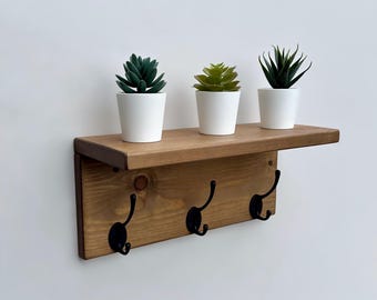 Wooden Coat Hook Rack with Shelf, Rustic Wall Mounted Hallway & Entryway Storage