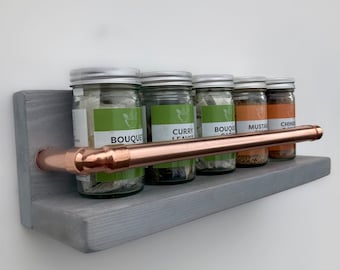 Copper Spice Rack, Choice of Colours, Wooden Spice rack, Herb Shelf, Kitchen storage, Wall Mounted Spice Rack, Spices, Industrial Copper