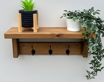 Rustic Wooden Coat Rack with Shelf, Wall Mounted Coat Hooks, Handmade Pine Hallway Storage