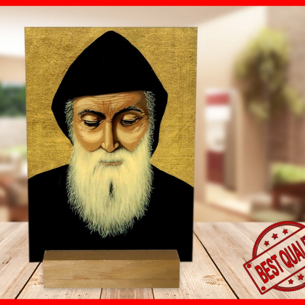 Picture on stand of st. Charbel, Angels pictures, Angel pictures, Mary Untier of knots, Catholic pictures, picture stand, St Christopher