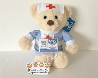 Nurse teddy bear, personalised nhs photo badge, nurse uniform, hat , unique special gift beautifully packaged, free gift tag