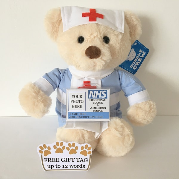 Nurse teddy bear, personalised nhs photo badge, nurse uniform, hat , unique special gift beautifully packaged, free gift tag