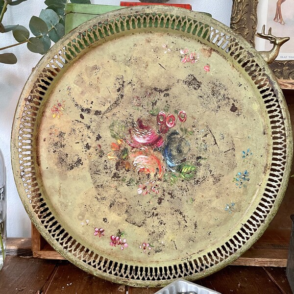 Vintage floral brass tray with galleried edge