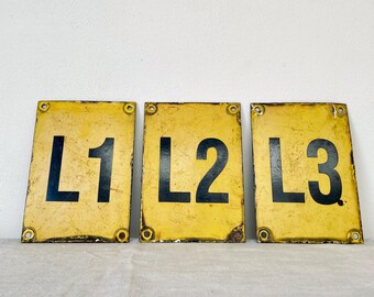 Trio vintage metal signs 'L1, L2 and L3'