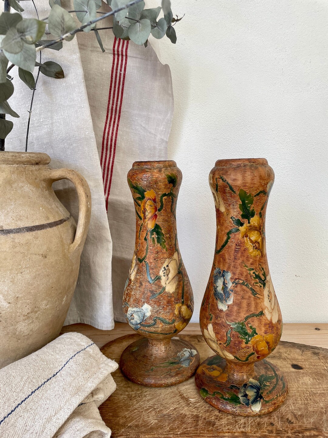 Pair Wooden Vintage Italian Vases Arte Povera Floral Design Etsy