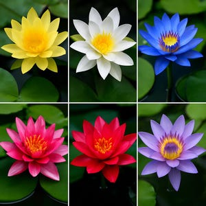 Könnte beinhalten: Ein Raster aus sechs Seerosen in verschiedenen Farben: Gelb, Weiß, Blau, Pink, Rot und Violett. Jede Blüte hat spitz zulaufende Blütenblätter, die strahlenförmig um eine leuchtend gelbe oder orangefarbene Mitte angeordnet sind, auf grünen Blättern.
