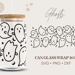 Ghosts 16oz Glass Can Wrap, Halloween Can Glass Svg, Boo Svg, Ghost Svg, Spooky Season Svg, Png, Dxf, Cut file for Cricut & Silhouette