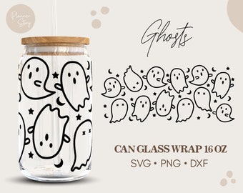 Ghosts 16oz Glass Can Wrap, Halloween Can Glass Svg, Boo Svg, Ghost Svg, Spooky Season Svg, Png, Dxf, Cut file for Cricut & Silhouette