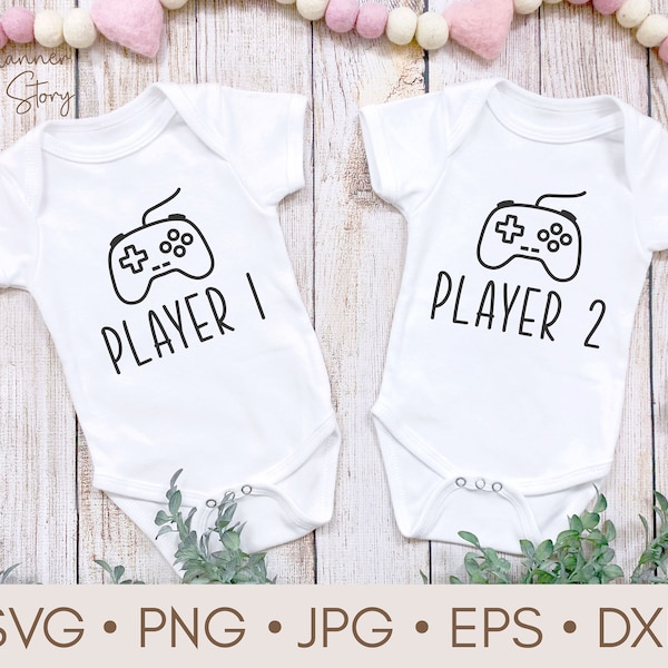 プレイヤー 1 プレイヤー 2 svg、赤ちゃん用マッチング ワンジー svg、面白い双子用ワンジー svg、双子用ボディスーツ、双子へのギフト svg、双子用ベビーシャワー svg