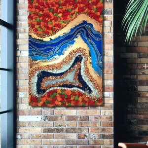 Resin art, geode art, rock crystal, amethyst, moss art, mural, moss picture, wall art, epoxy resin, resin art, autumn art, unique, river