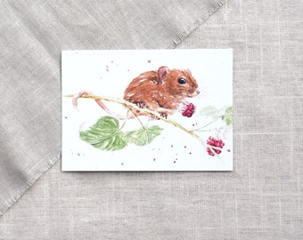 Carte postale loir aux baies / carte postale animaux / carte postale souris / carte postale aquarelle