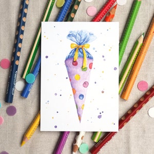 Carte postale cône scolaire / carte d'inscription scolaire / carte aquarelle / rentrée scolaire