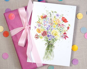 Carte postale bouquet de fleurs / carte félicitations / carte fête des mères / carte anniversaire / carte mariage / carte aquarelle