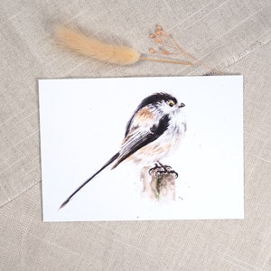 Postkarte Schwanzmeise / Vogelkarte / Aquarellpostkarte