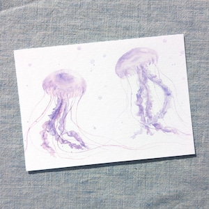 Può includere: Dipinto ad acquerello di due meduse in tonalità viola. Le meduse hanno corpi a forma di campana e lunghi tentacoli fluenti. L'opera d'arte è su un foglio di carta rettangolare bianco, con sfondo azzurro chiaro.