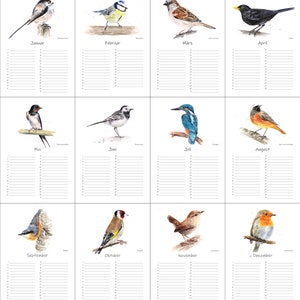 May include: A watercolour calendar featuring a different bird for each month of the year. The birds are depicted in a realistic style and are set against a white background. The calendar includes a grid for each month with space for writing in appointments and events.
