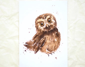 Carte postale 'Chouette' / Enfant hibou / Carte aquarelle / Enfants animaux / Animaux aquarelle / Carte hibou