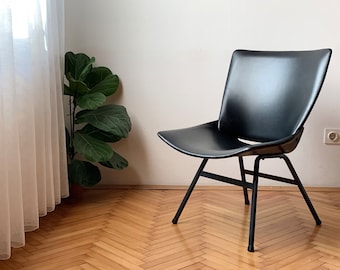 1 of 2 Vintage Lounge Black leather Shell Chair by Niko Kralj / Black faux leather upholstery / Mid Century Modern Lounge Chair / original /