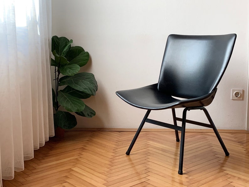 1 of 2 Vintage Lounge Black leather Shell Chair by Niko Kralj / Black faux leather upholstery / Mid Century Modern Lounge Chair / original / image 1