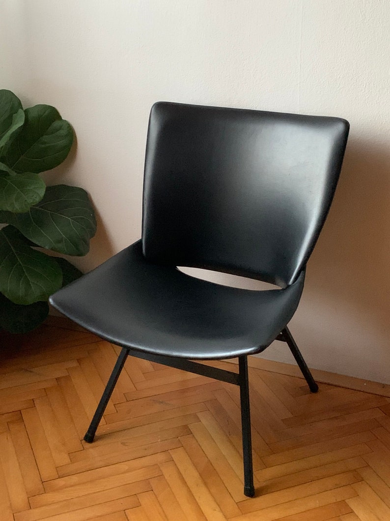 1 of 2 Vintage Lounge Black leather Shell Chair by Niko Kralj / Black faux leather upholstery / Mid Century Modern Lounge Chair / original / image 6