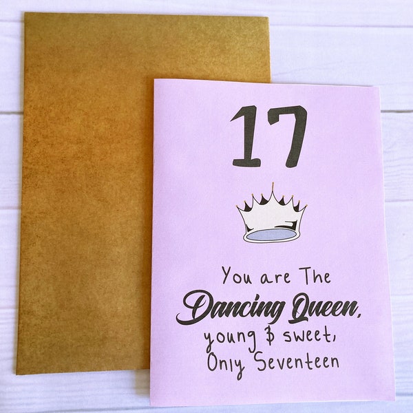 Printable 17th Birthday Card, 17 Dancing Queen, Cute 17th Card, Pink Birthday Card, 17th Birthday, Dancing Queen Lyrics