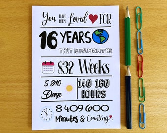 Printable 16th Birthday Card Loved for 16 Years Instant - Etsy