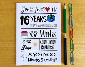 Printable 16th Birthday Card, Loved for 16 Years, Instant Download, 16th Birthday, Sixteenth Birthday