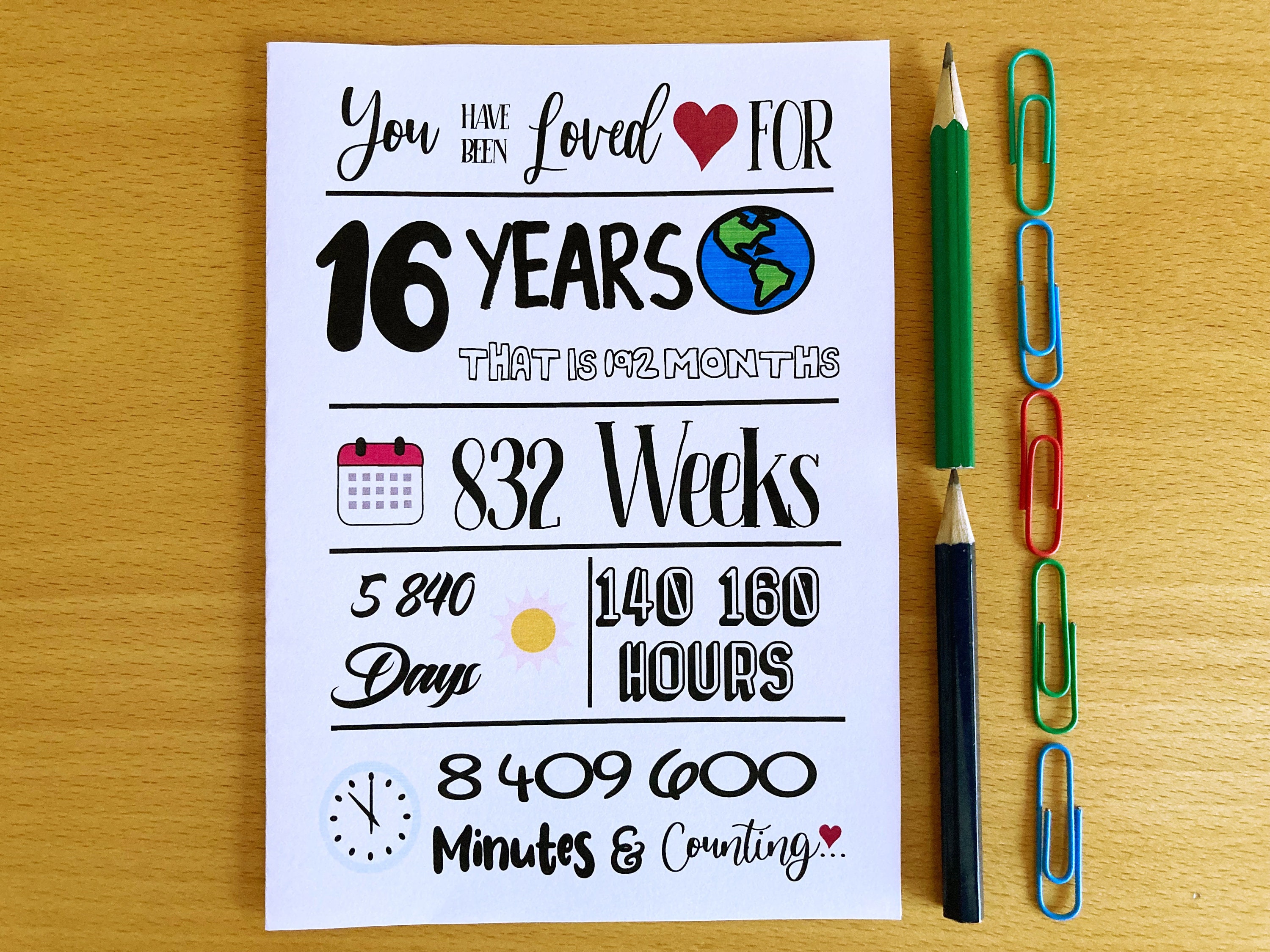 Printable 16th Birthday Card Loved For 16 Years Instant Etsy