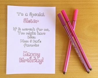 Printable Sister Birthday Card, Funny Sister Birthday Card, Instant Download, Sister Birthday, Sister Card