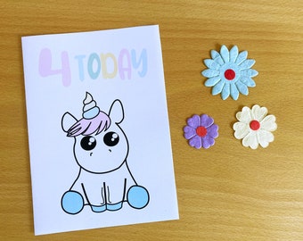 Printable 4th Birthday Card, Fourth Birthday, 4 Today, Cute Unicorn Birthday Card