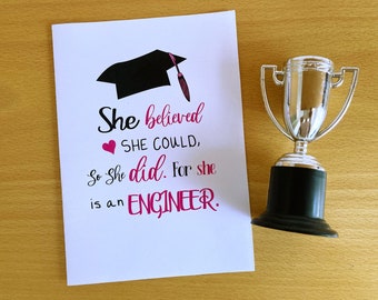 Printable Engineer Graduation Card, Engineering Graduate, She Believed She Could So She Did, Pink Graduation Card