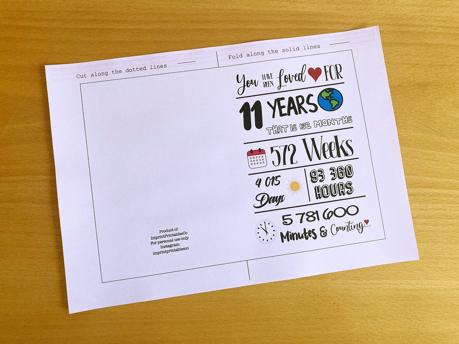 Printable 11th Birthday Card, 11th Birthday, Loved for 11 Years ...