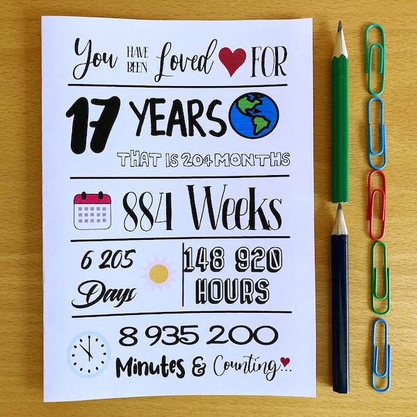 Printable 17th Birthday Card, 17th Birthday, Loved for 17 Years, Instant Download, Seventeeth Birthday