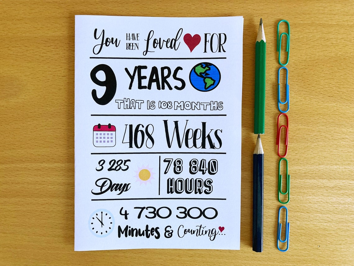 Printable 9th Birthday Card, Loved for 9 Years, Instant Download, 9th ...