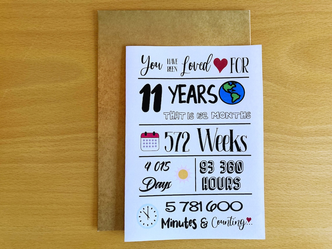 Printable 11th Birthday Card, 11th Birthday, Loved for 11 Years ...
