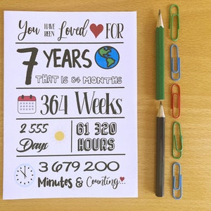 Carte imprimable du 7e anniversaire, aimée depuis 7 ans, 7e anniversaire, téléchargement instantané, carte du septième anniversaire