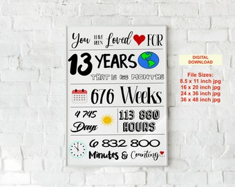 May include: A printable digital download of a poster with the text "You have been loved for 13 years" and a countdown of time in years, months, weeks, days, hours, and minutes. The poster is decorated with a red heart, a globe, a calendar, a sun, and a clock.