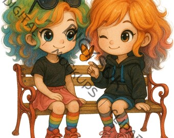 Cute Sisters Watercolor Clipart, Whimsical Ephemera (JPG Images)